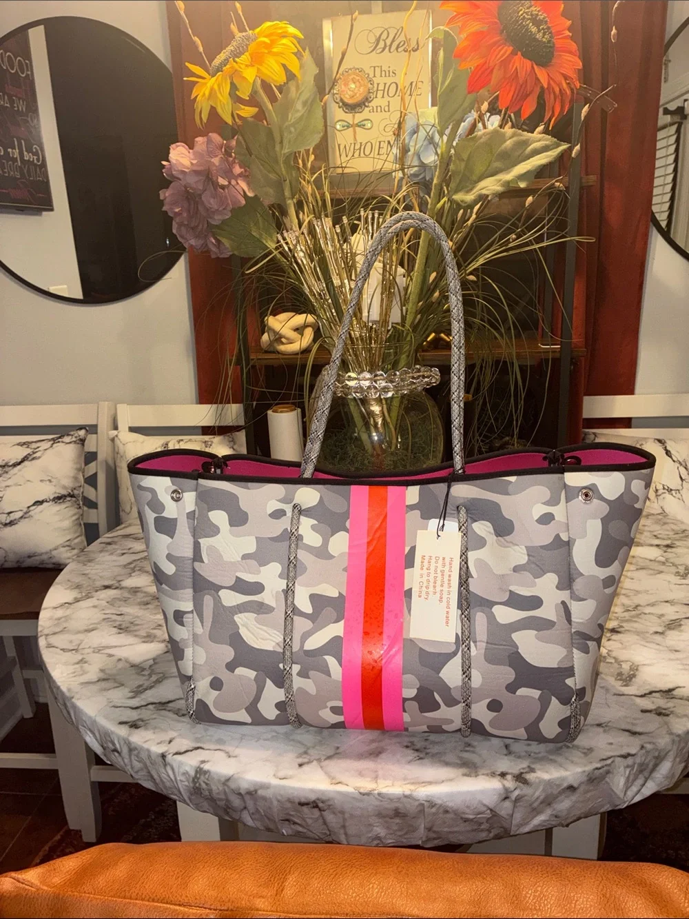 HAUTE SHORE Gray Camo Tote with Pink and Neon-Orange Stripe